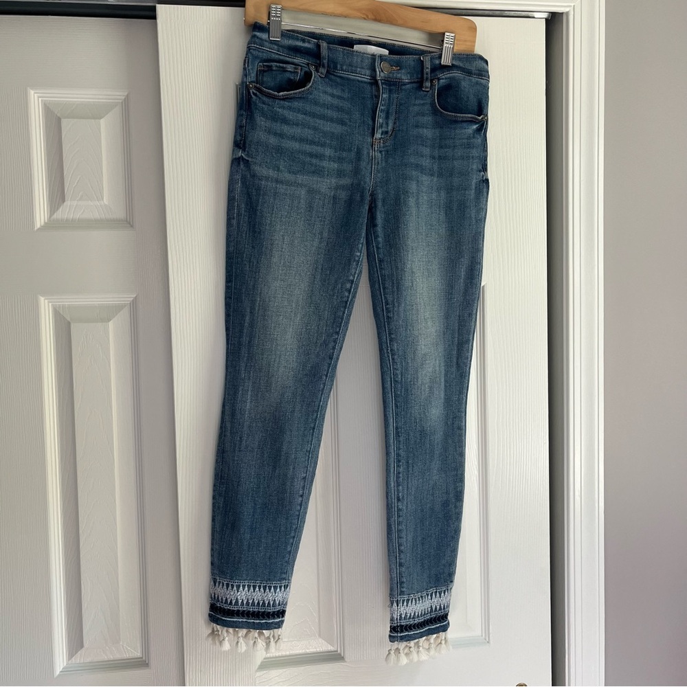 LOFT Modern Skinny Embroidered Tassle Hem Jean